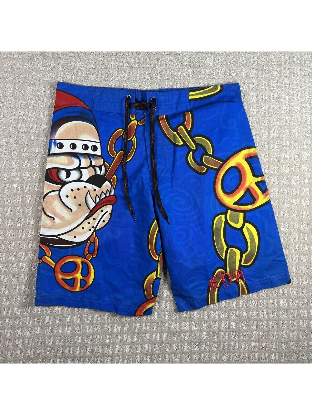 Y2K Ed Hardy Bulldog Chain Board Shorts XL
